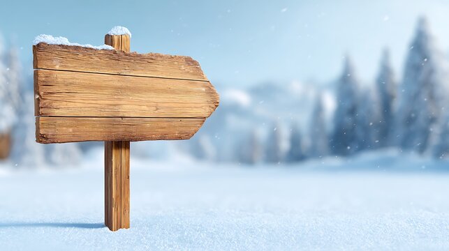 Awesome photo of blank wooden signpost in a snowy winter landscape with blurred evergreen trees.