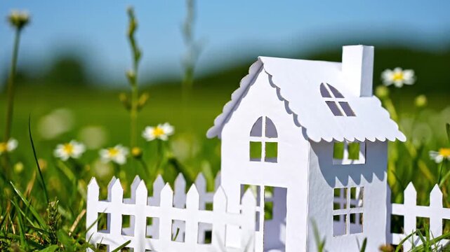 Paper cutout house and fence in green grass under blue sky