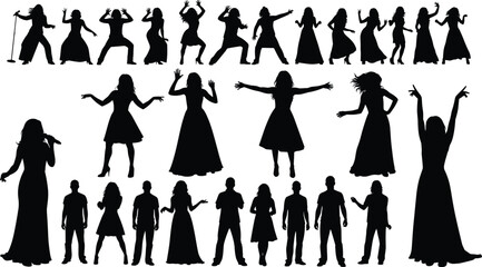 Silhouettes of people dancing singing posing, expressive human figures in motion, artistic posture gesture collection, nonverbal communication creative illustration