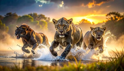 Three majestic felines, powerfully charging through a body of water, backlit by a vibrant, golden sunset