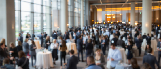 Blurred crowd networking at a corporate event in a modern hall with bokeh lights, creating a sense of movement and connection during sunset.