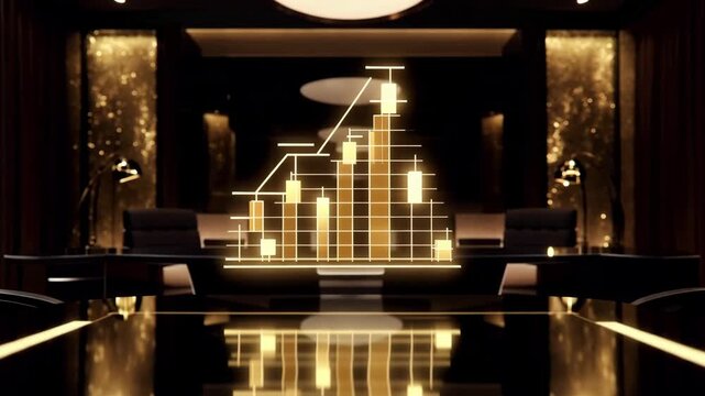 Glowing golden bar graph rising with line chart superimposed in a luxury dark room.