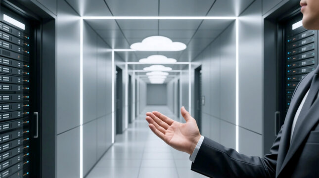 Professional's hand gestures introducing Managed Cloud Operations Framework in sleek Enterprise Infrastructure highlighting Cloud Infrastructure Minimal for scalable platform governance