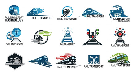 Collection of stylized train and rail transport logos. © Dita
