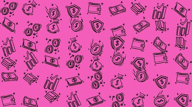 Abundance of illustrated money symbols on pink background. Perfect for financial concepts, presentations, backgrounds, advertisements, and business designs.