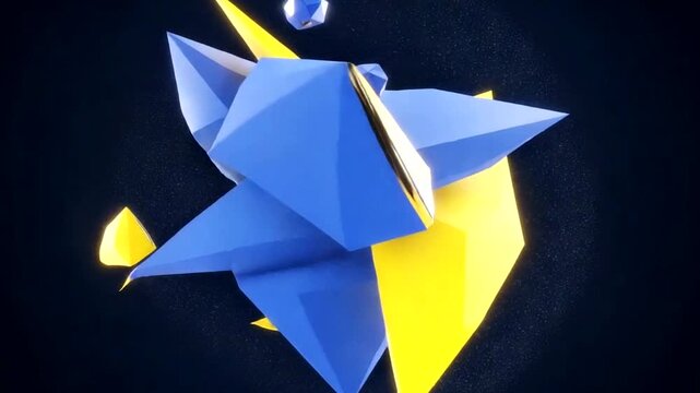 Rotating abstract geometric shapes in blue and yellow with dynamic three dimensional animation.