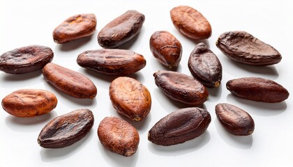 Obraz premium raw cacao beans arranged on a white background