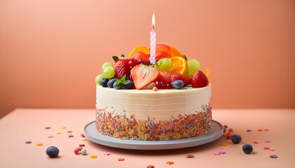 birthday cake with one candle topped with fruit and berries and sprinkles isolated on plain peach color studio background