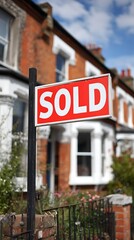 Awesome photo of red sold real estate sign in front of traditional British brick houses.