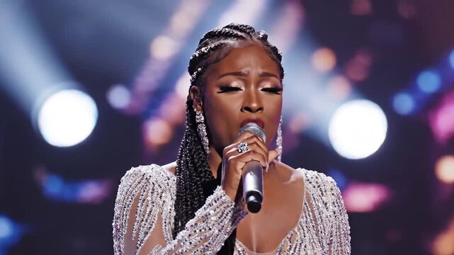 Dynamic female singer performing live on stage with bright spotlights and bokeh effects, captivating audience with powerful vocals and energetic presence.