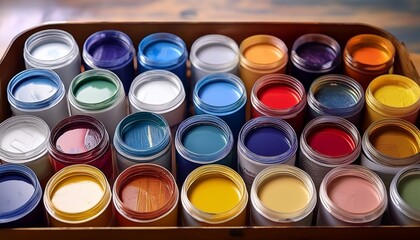 Fototapeta premium containers of paint various sizes of paint containers used for storing and applying paint to surfaces available in a variety of colors