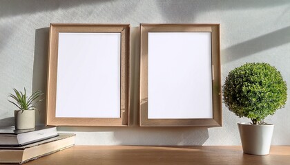 two blank picture frames leaning against a wall with a small potted plant and books