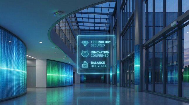 Futuristic office interior with blue glowing screens and digital signage showcasing technology and innovation concepts in a modern corporate environment with sleek architecture