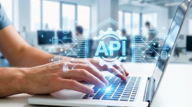 Developer typing on laptop with holographic API gear icon, visualizing software integration, application programming interface technology, and digital data connection concept.