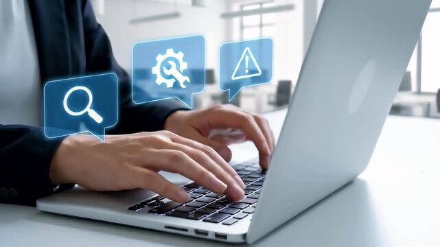 Engineer typing on laptop with holographic technical support icons, visualizing digital troubleshooting, IT helpdesk service, and software system maintenance concept.