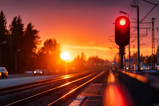 Red Railway Signal Stops Train Journey at Warm Sunset Over Horizon With Glowing Sky and Blurry Trees in the Distance