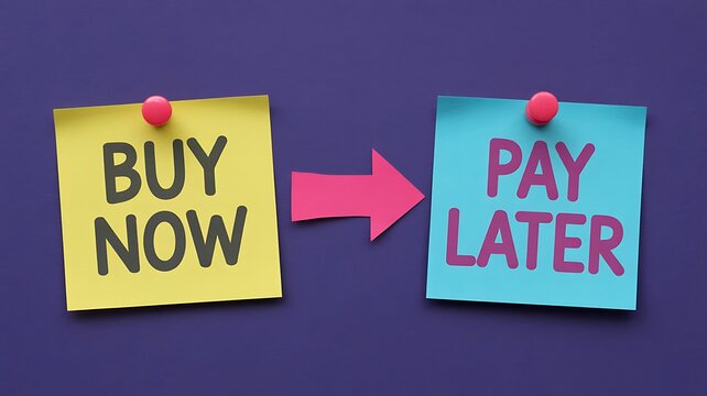 Yellow and blue sticky notes with buy now and pay later text on purple background with pink push pins and arrow