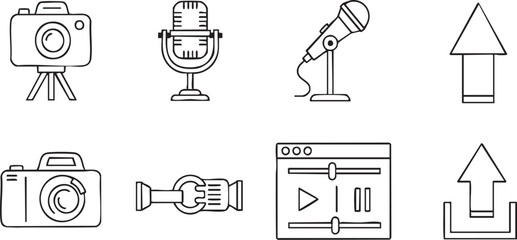 Obraz premium Modern line art icons for digital media and technology. Featuring cameras, microphones, and web player interfaces for content creation, online communication, photography, and videography