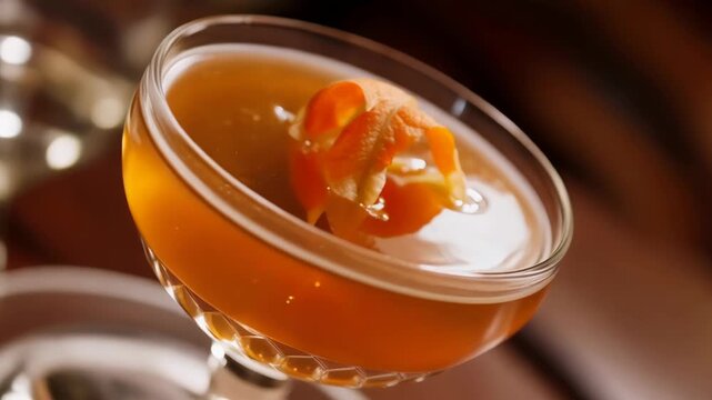 Close up of elegant cocktail glass with orange zest garnish on a warm brown wood table