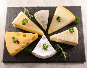 assorted cheese varieties garnished with fresh herbs