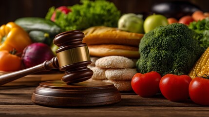 Awesome photo of wooden judge's gavel surrounded by fresh vegetables and bread representing food law.