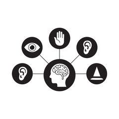 Sensory perception illustration brain connected to sight sound touch and taste