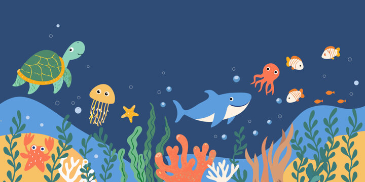 A colorful underwater scene featuring a turtle shark jellyfish and other sea creatures