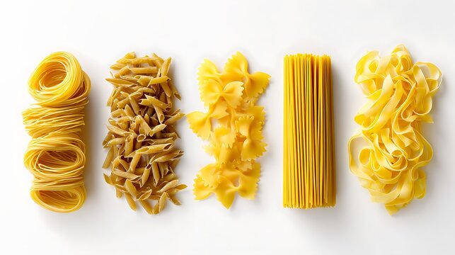 Awesome photo of assorted variety of uncooked pasta shapes and types in rows isolated on white background.