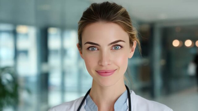 Kindly Nurse in the medical center: A beautiful medical professional with a gentle smile and a stethoscope, radiating trust and competence within a modern clinical setting.