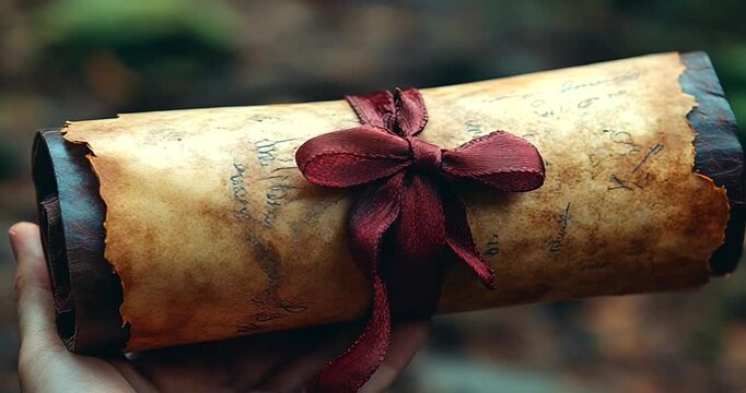 Hand holding a vintage scroll in a forest setting