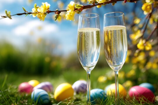 Champagne Glasses on Grass Surrounded by Easter Eggs and Yellow Flowers on a Sunny Spring Day