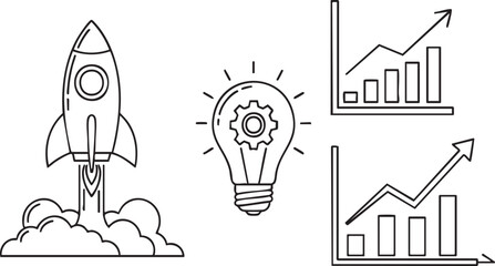 Fototapeta premium Collection of Business and Innovation Icons Rocket, Lightbulb, and Bar Graphs for Startup Growth and Strategy
