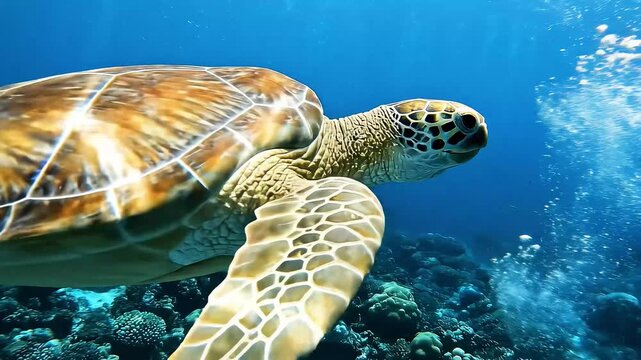 Sea turtle swimming underwater slow motion