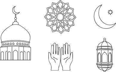 Obraz premium Islamic symbols collection including mosque dome, geometric pattern, crescent moon, praying hands, and lantern