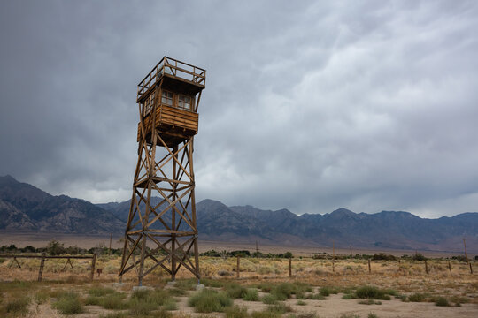 The guard tower at Manzanar National Historic Site, the Japanese internment camp from World War II. Independence, California &ndash; August 21, 2020