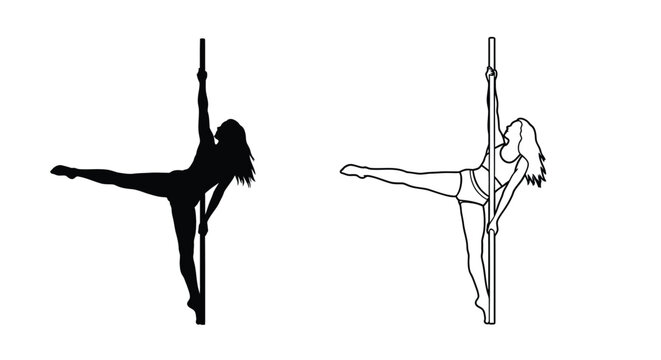 Silhouettes of women performing pole dancing poses against a white background