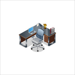 Premium Isometric CEO Office Desk with Laptop, Ergonomic Executive Chair, and Gold Trophy - 3D Vector Illustration