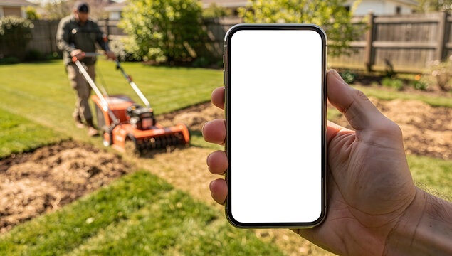 Blank Smartphone Screen Mockup Over Lawn Scarification Process