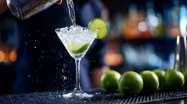 Awesome photo of barman pouring a clear cocktail into a martini glass with lime and ice at a bar.