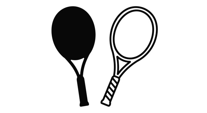 Black and white illustration of a tennis and badminton racket