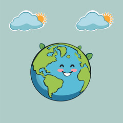 Fototapeta premium Happy cartoon earth with leaves and clouds in blue sky illustration