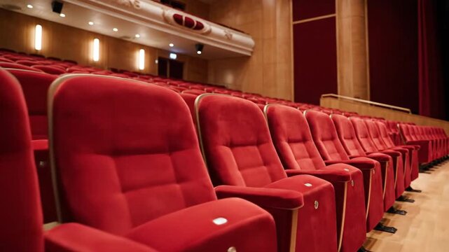 Rows of plush red chairs in an empty theater auditorium