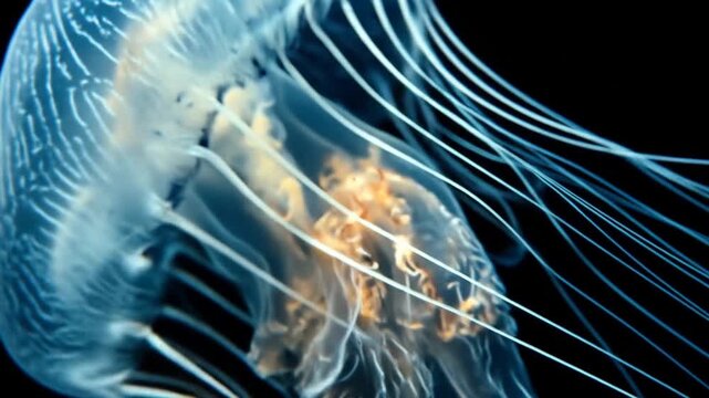 Close up of a translucent jellyfish with trailing tentacles against black backdrop