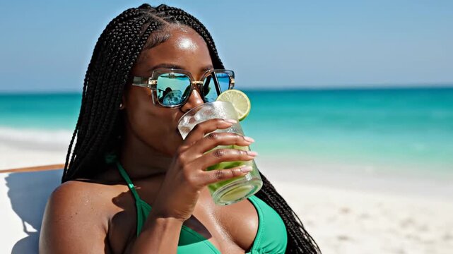 Young Black woman smiling with cocktail on tropical beach