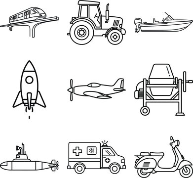 Versatile Collection of Transportation and Industrial Vehicle Line Icons Including Monorail Tractor Motorboat Rocket Propeller Plane Cement Mixer Submarine Ambulance and Motor Sco