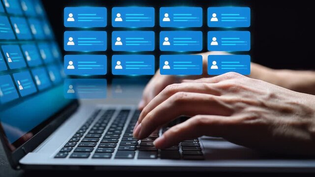 Person typing on laptop keyboard with virtual user profile icons floating above, representing online communication and social networking.