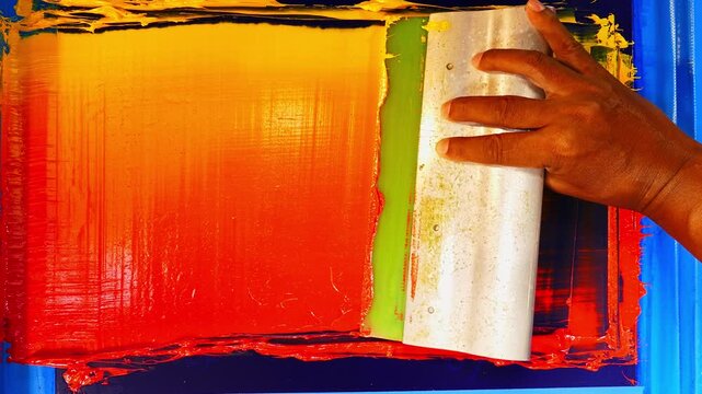 Hands spread warm-toned inks across a screen frame, blending colors from soft yellow to intense red. Close up captures the texture, motion, and artistry involved in crafting vibrant gradient prints.