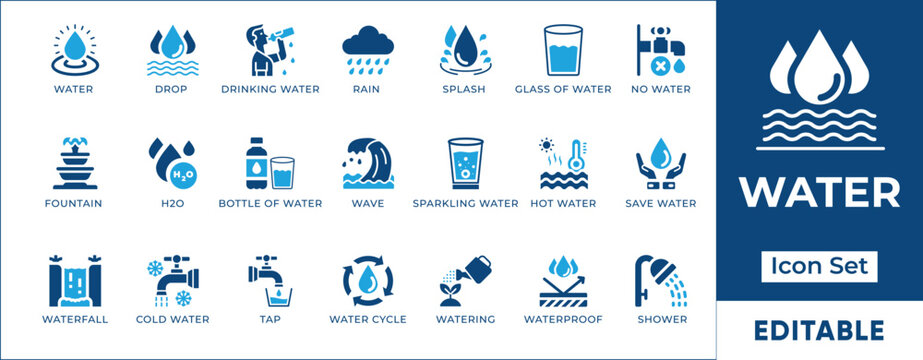 Pure drinking water ecology hydration and plumbing vector icon set