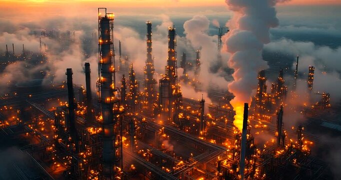 Industrial skyline at dusk with smoke and flames