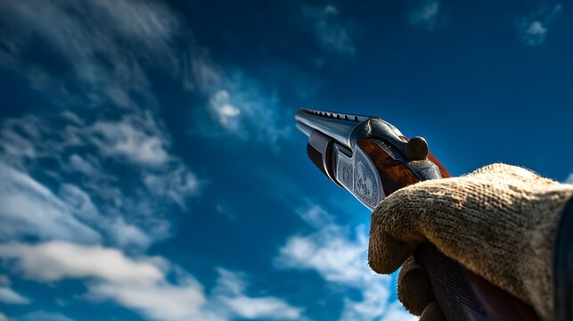 Awesome photo of first person view of a gloved hand holding a shotgun pointed towards the blue sky.
